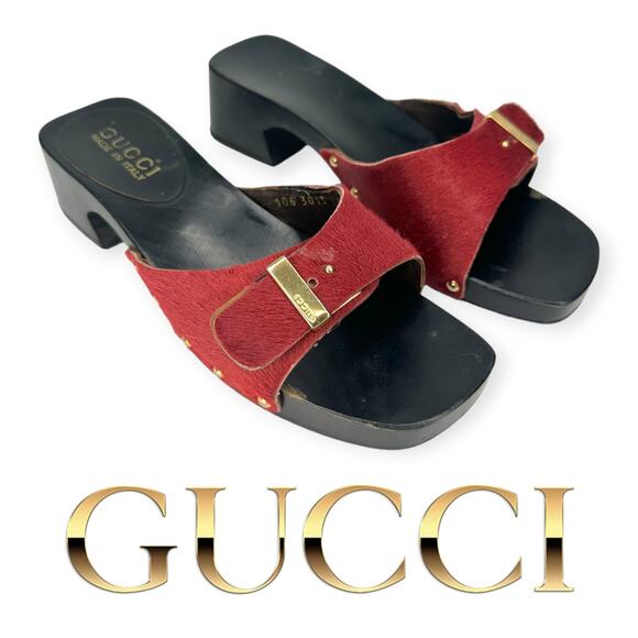 GUCCI | 5.5 | Red Ponyhair Gold Buckle Studded Wood Block Heel Slide Sandals - Picture 1 of 12